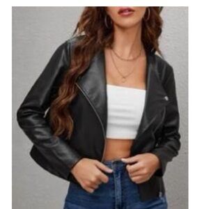 Waterfall Collar Zip Front PU Leather Jacket